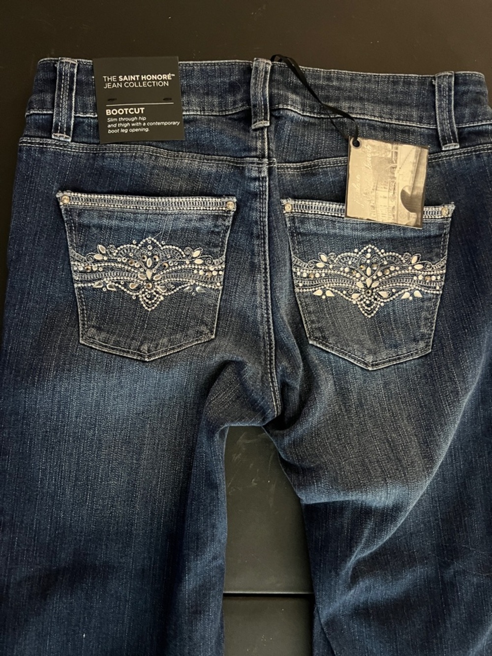 Bootcut long Women's Jeans - Dark Blue with Embellished Back Pockets